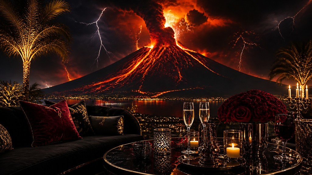 an erupting volcano with lightning strikes, dramatic wide composition, no text — Night Luxe Aesthetic YouTube thumbnail