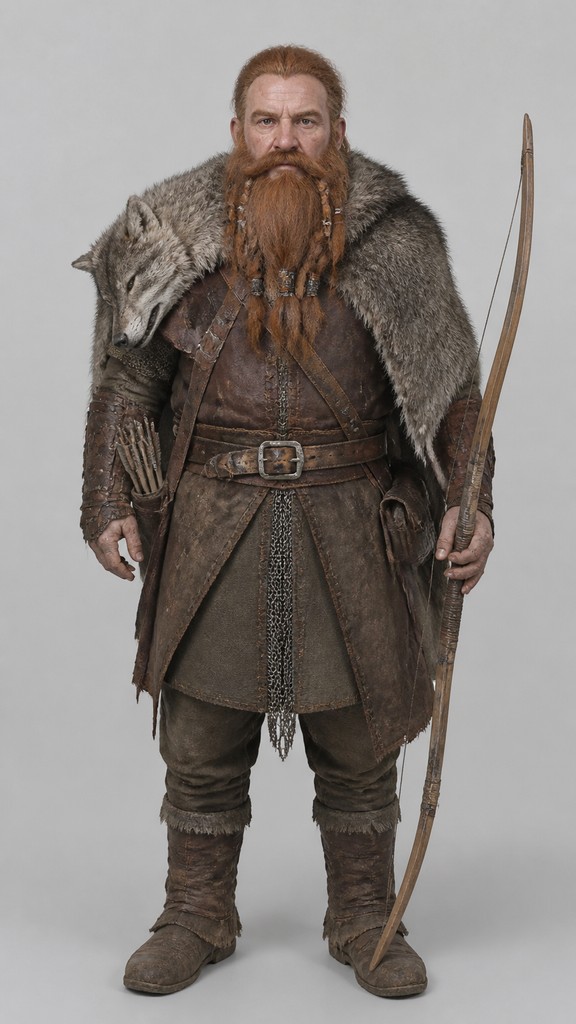 full-body original character: a dwarven ranger with a braided auburn beard, worn leather armor, a longbow and a wolf-pelt cloak, neutral background, no text — Photo-Conceptual Art Style tabletop character portrait