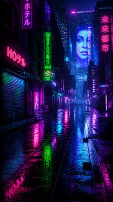 a quiet rainy city street at night reflecting neon signs, no people — Cyberpunk Art Style wallpaper