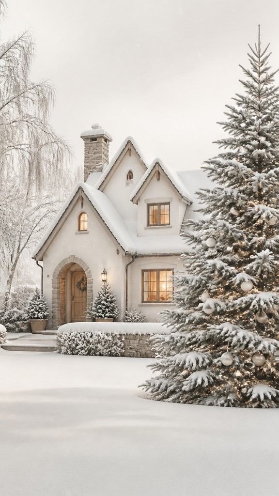 a snow-covered cottage with warm glowing windows beside a decorated pine tree, gentle snowfall, no text — Minimalist Fashion Design Christmas card