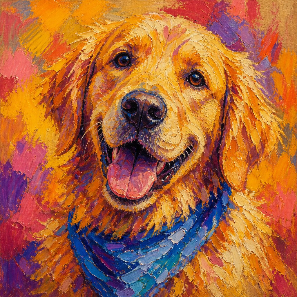 portrait of a golden retriever wearing a blue bandana, warm plain backdrop, no text — Fauvist Impressionism Art Style pet portrait