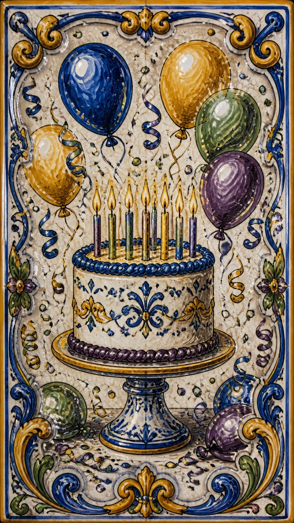 a birthday cake with lit candles surrounded by balloons and confetti, festive vertical composition, no text — Majolica Ceramic Art Style birthday card