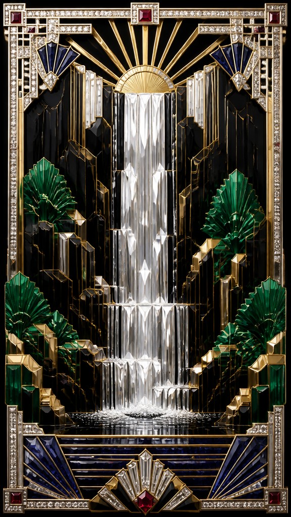towering waterfall cascading down a cliff — Art Deco Jewelry Design