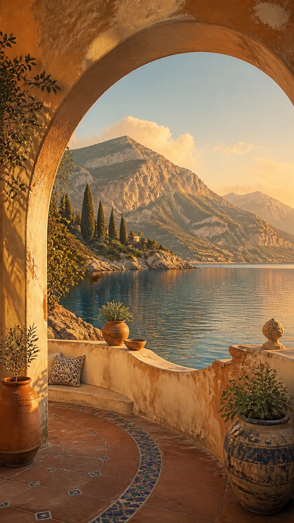 a tranquil mountain lake beneath a starry night sky, no people, no text — Mediterranean Architecture Art phone wallpaper