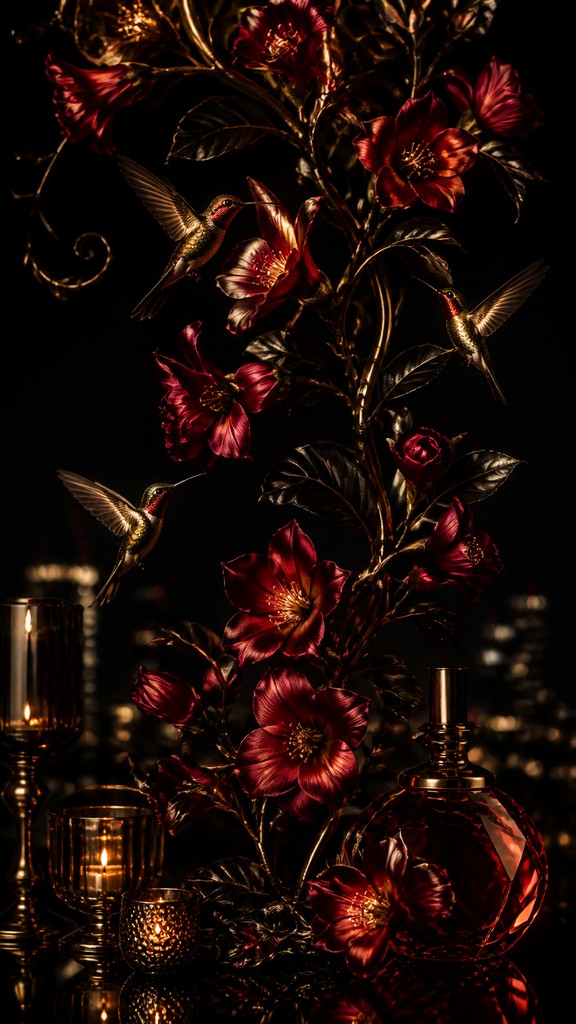 a climbing vine of flowers and hummingbirds on a dark background, tall wrapping composition, no text — Night Luxe Aesthetic phone case design