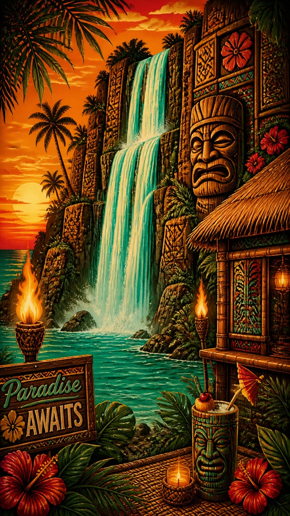 towering waterfall cascading down a cliff — Tiki Aesthetic