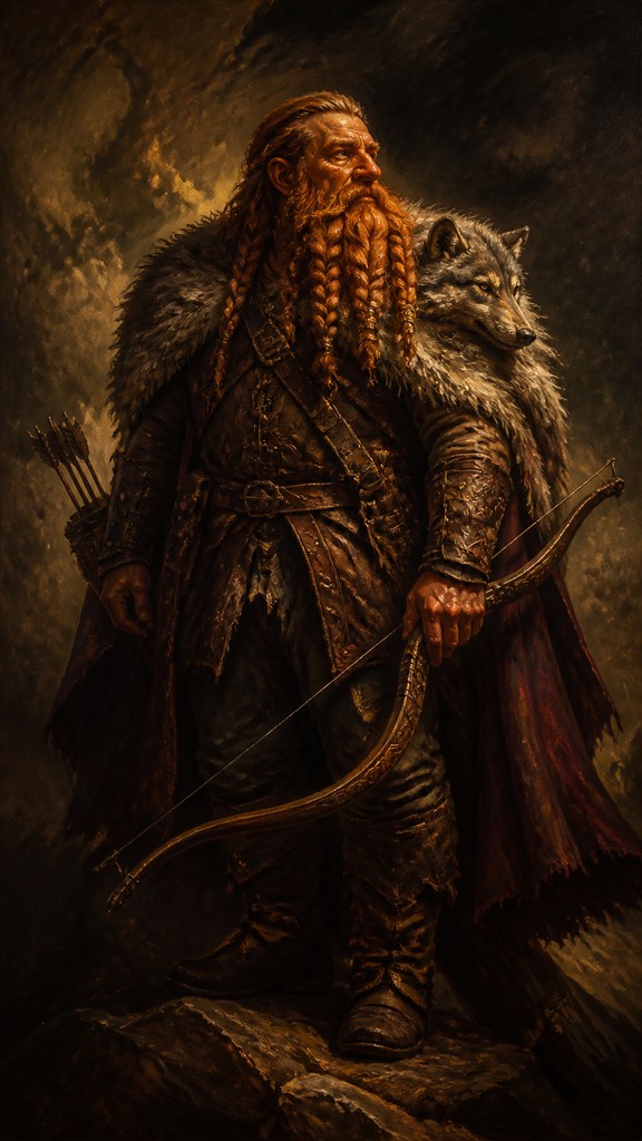 full-body original character: a dwarven ranger with a braided auburn beard, worn leather armor, a longbow and a wolf-pelt cloak, neutral background, no text — Baroque Art Style tabletop character portrait