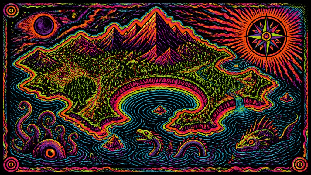 a map of an island realm with mountains, forests, a sheltered bay, sea monsters in the water and a compass rose, no text labels — Psychedelic Poster Design fantasy map