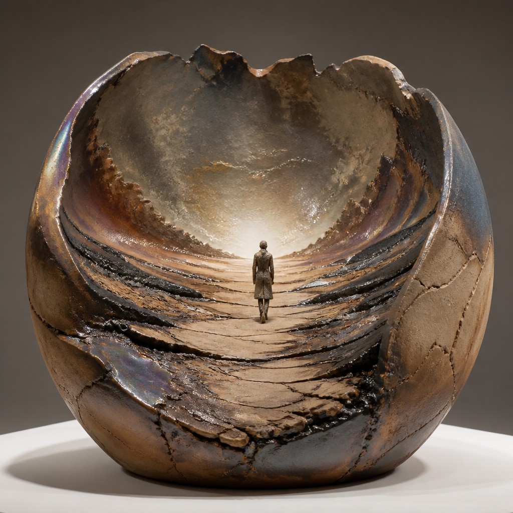 a solitary figure walking toward a glowing horizon across an empty plain, moody atmosphere, no text or lettering — Contemporary Sculptural Ceramic Art Style album cover