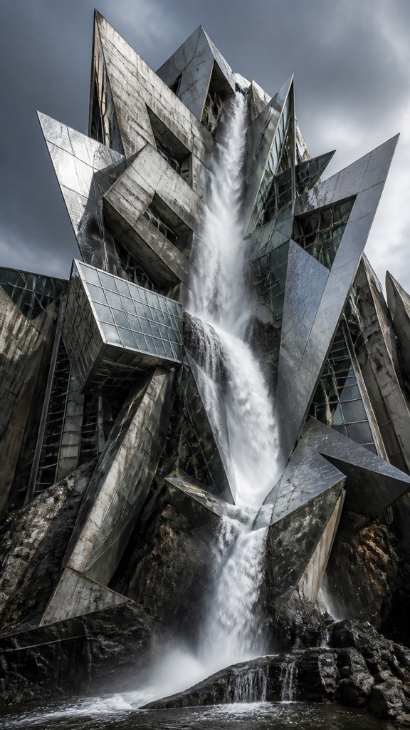 towering waterfall cascading down a cliff — Deconstructivist Architecture