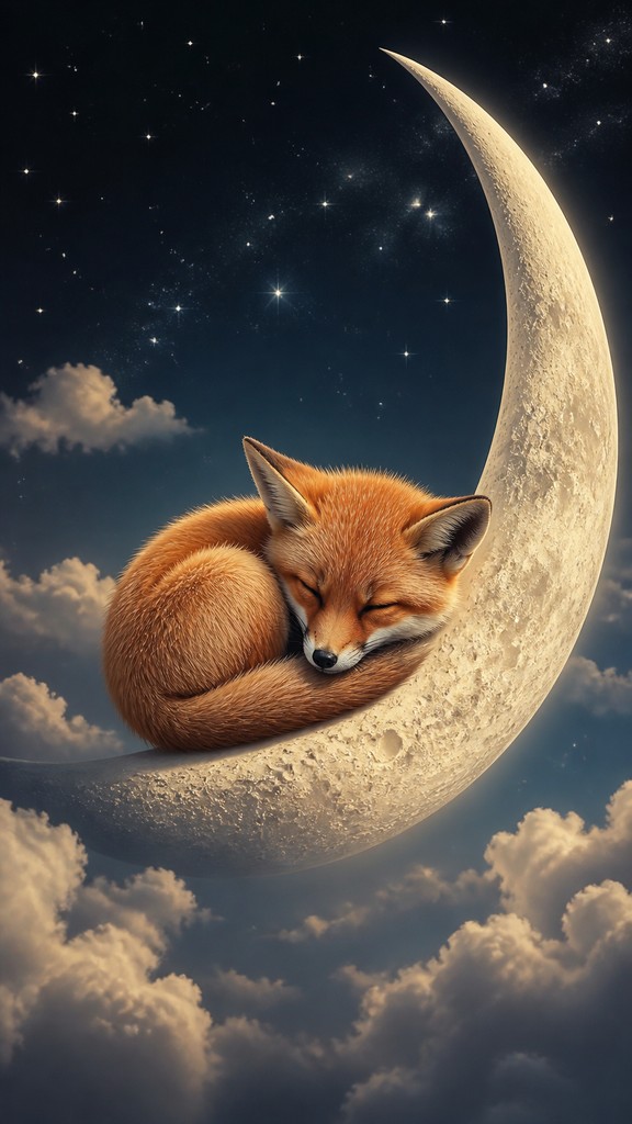 a sleeping baby fox curled on a crescent moon among soft stars, gentle and warm, no text — Realistic Landscape Art Style baby announcement