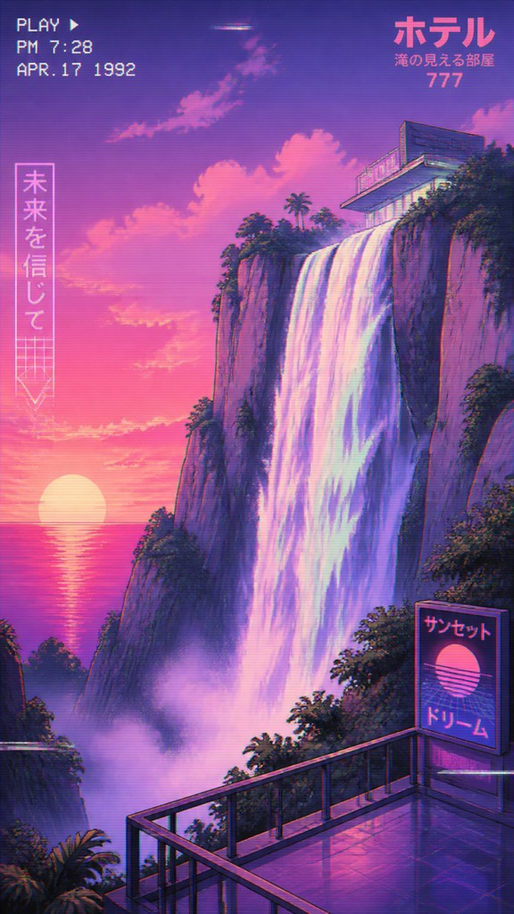 towering waterfall cascading down a cliff — Vaporwave Anime Aesthetic