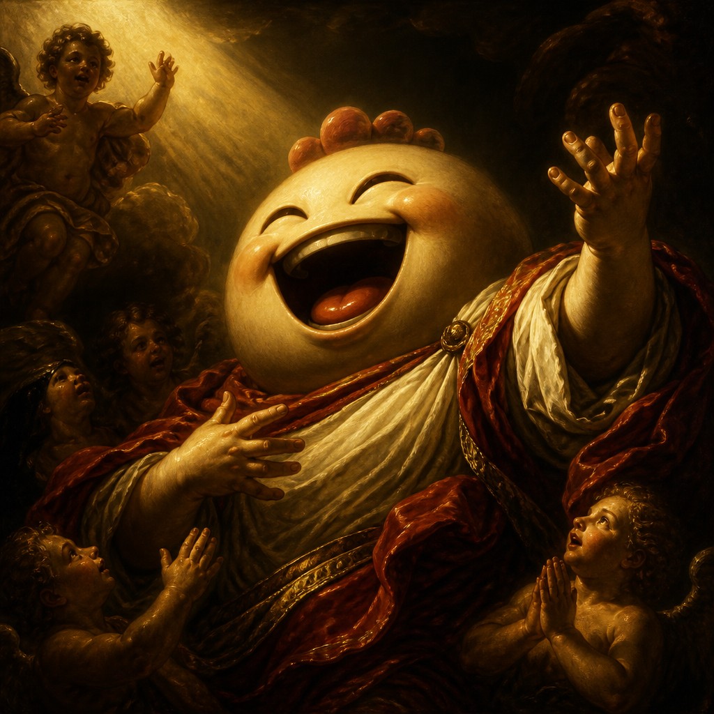 an exaggerated laughing face of an original round mascot character, bold and readable at small size, plain background, no text — Baroque Religious Art Twitch emote