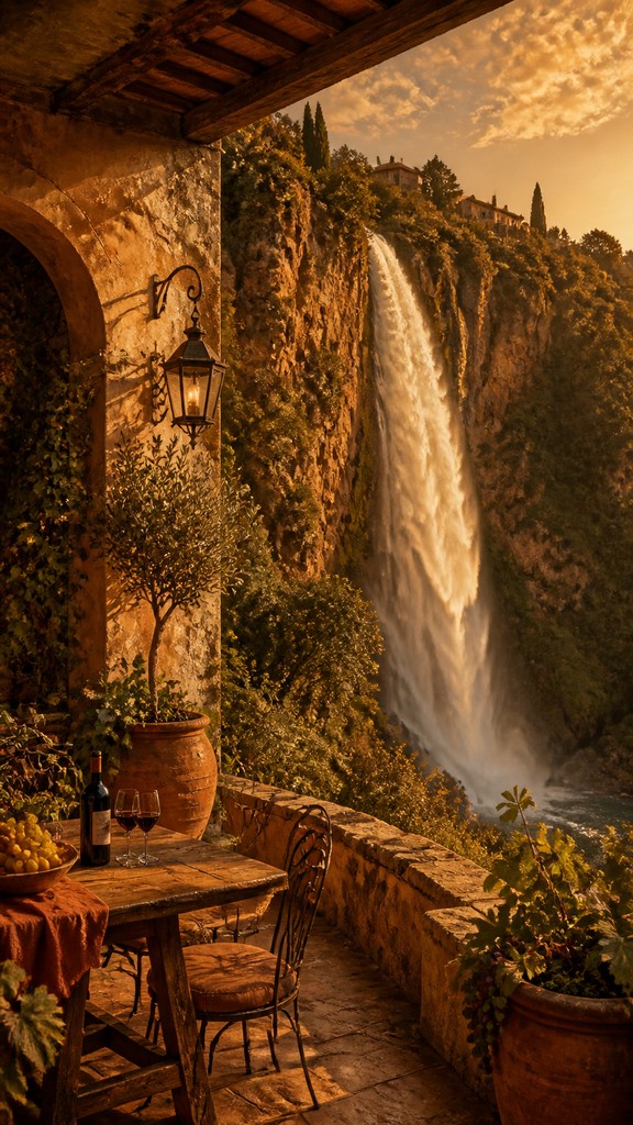 towering waterfall cascading down a cliff — Tuscan Interior Design