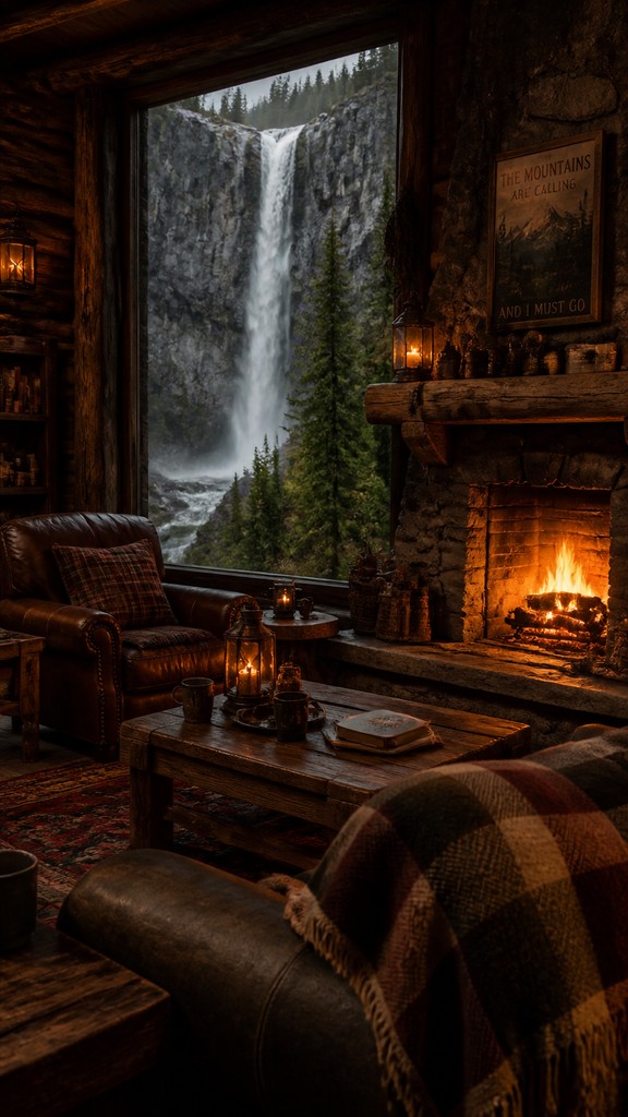 towering waterfall cascading down a cliff — Rustic Cabin Interior Design
