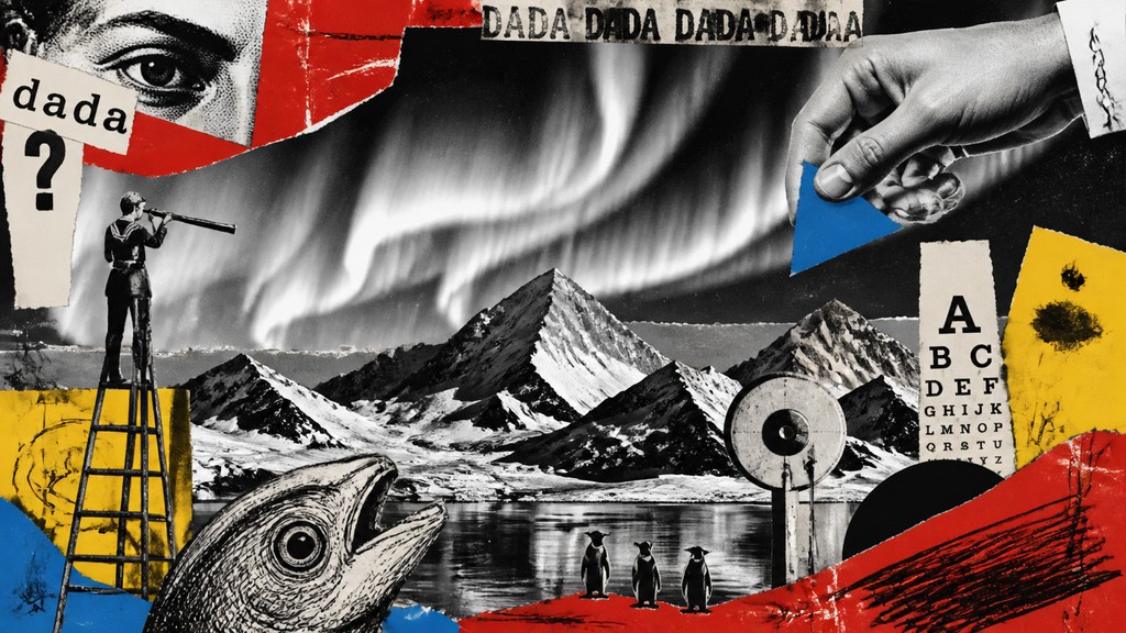 a flowing aurora over snowy peaks, wide sweeping composition, no people, no text — Dada Art Style banner