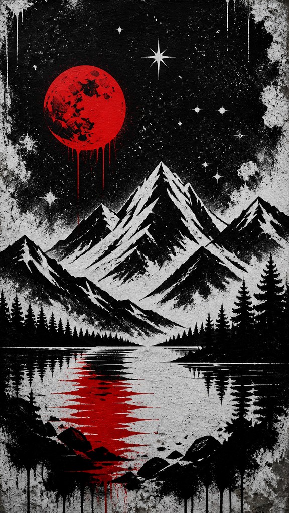 a tranquil mountain lake beneath a starry night sky, no people, no text — Stencil Street Art Style phone wallpaper