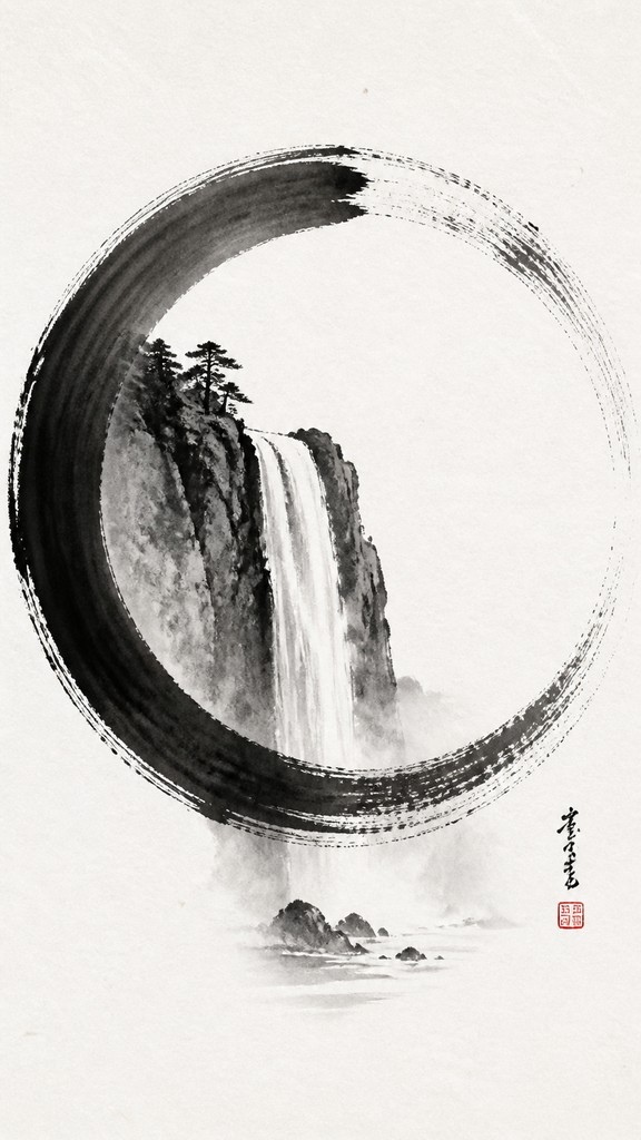 towering waterfall cascading down a cliff — Zen Circle Minimalism Art Style