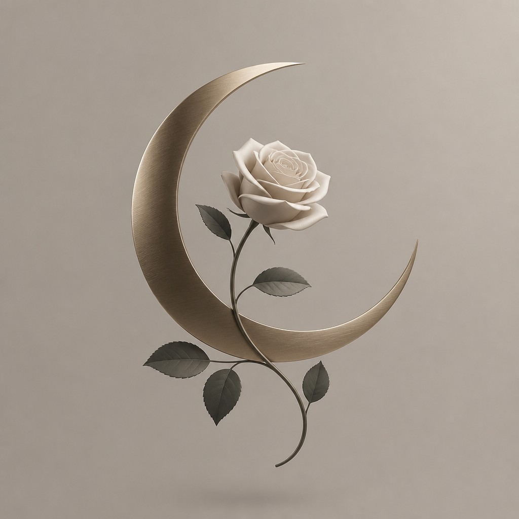 a rose entwined with a crescent moon, clean balanced composition on a plain background, no text — Minimalist Jewelry Design tattoo design