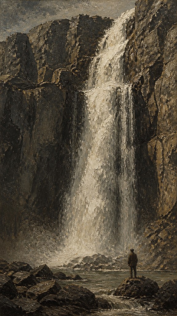 towering waterfall cascading down a cliff — Social Realism Art Style