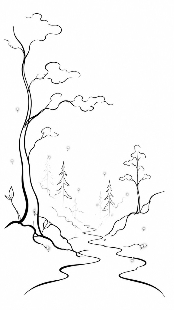 a mysterious forest path with fireflies and drifting mist, atmospheric vertical composition with open space at the top, no text — Minimalist Line Portrait Style book cover