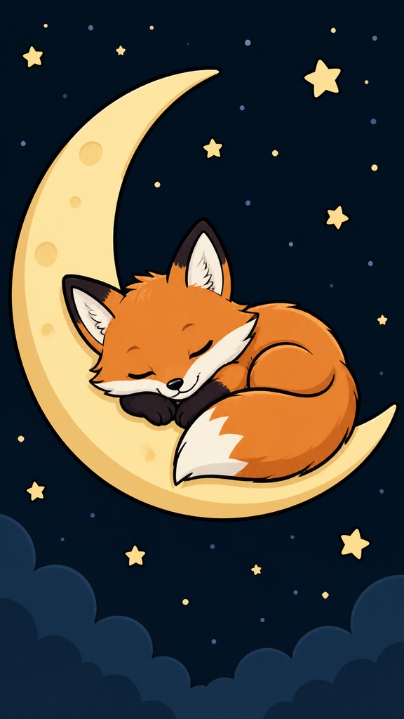 a sleeping baby fox curled on a crescent moon among soft stars, gentle and warm, no text — Webcomic Art baby announcement