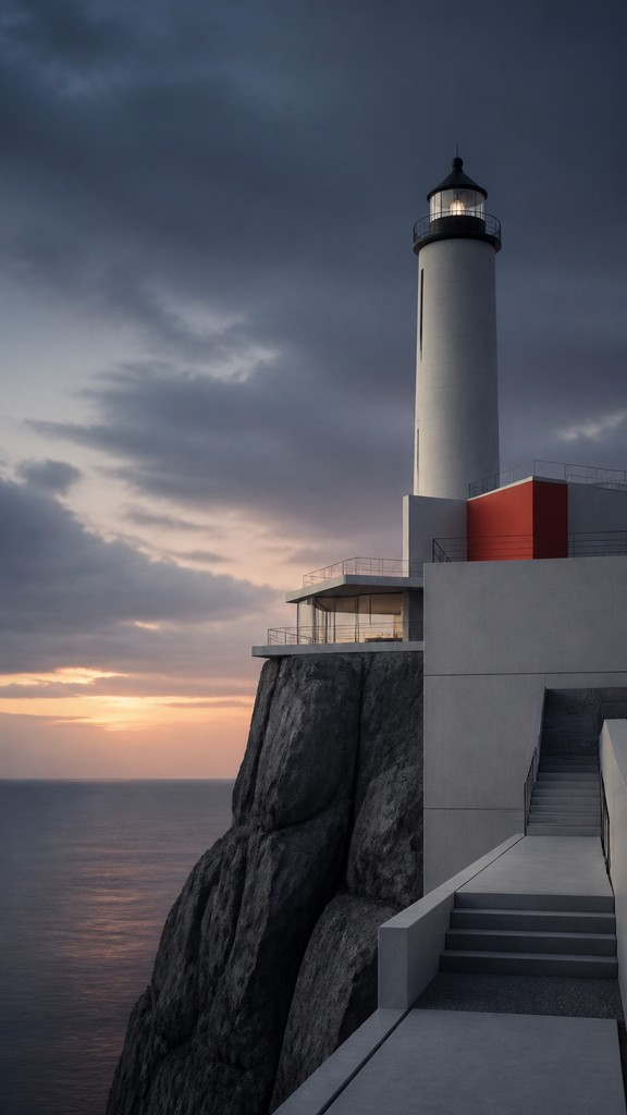 a lone lighthouse on a cliff at dusk under a dramatic sky, no text or lettering — Modern Architecture Art poster