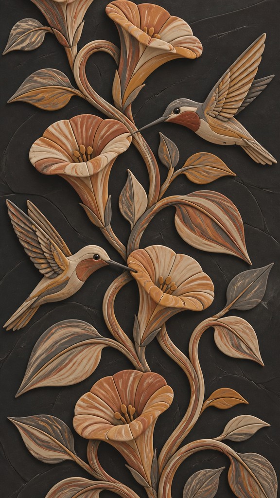 a climbing vine of flowers and hummingbirds on a dark background, tall wrapping composition, no text — Nerikomi Ceramic Art Style phone case design