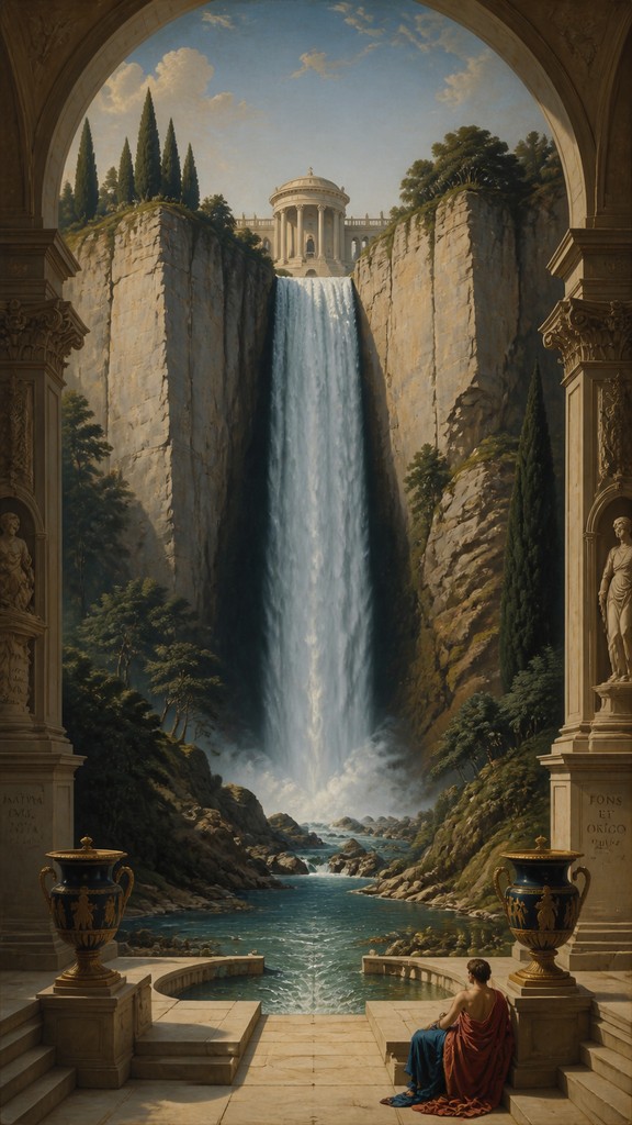 towering waterfall cascading down a cliff — Neoclassical Art Style