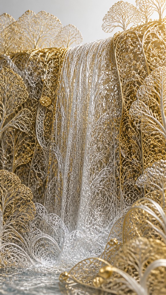 towering waterfall cascading down a cliff — Filigree Jewelry Style