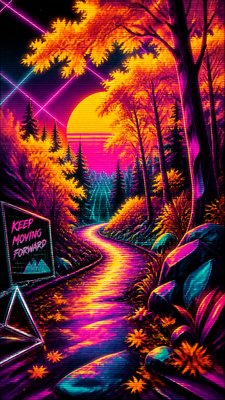 a winding forest path in golden autumn light, no people — 80s Retro Aesthetic wallpaper