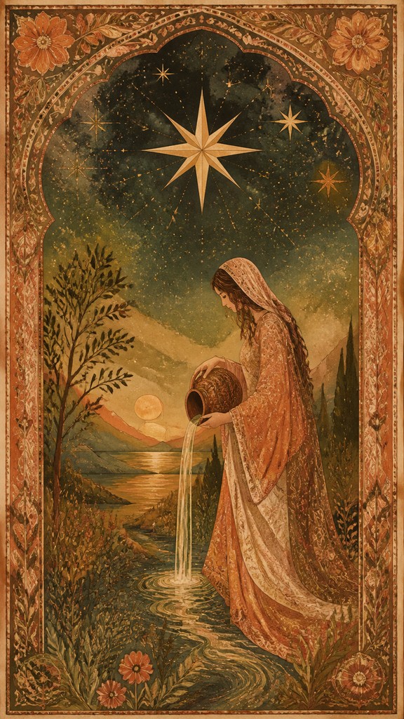 a robed figure pouring water beneath a large eight-pointed star in a night sky, symmetrical composition with an ornate decorative border, no text — Bohemian Fashion Design tarot card