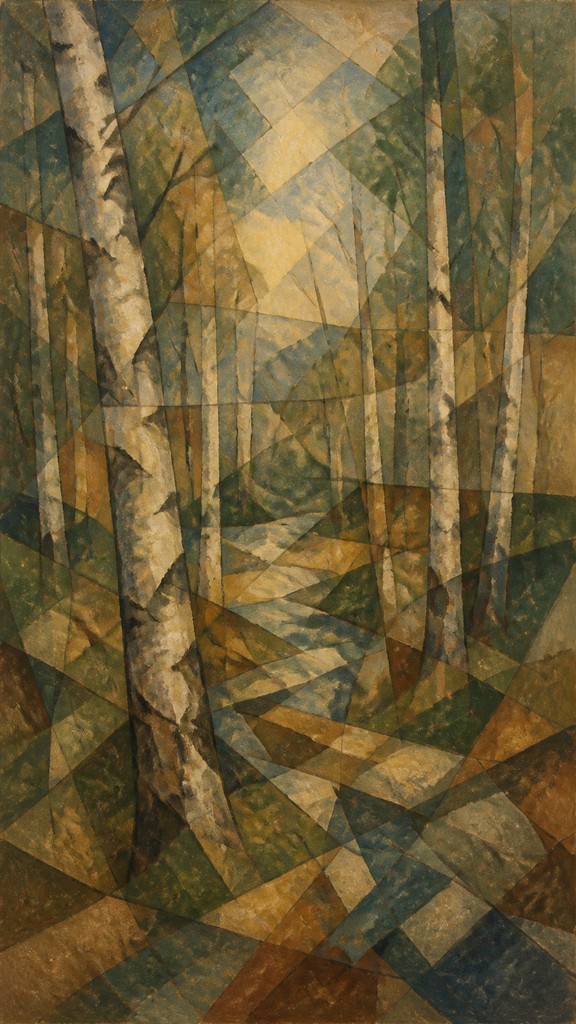 a serene birch forest in soft morning light, no people, no text — Proto-Cubism Art Style wall art print