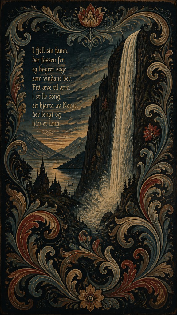 towering waterfall cascading down a cliff — Norwegian Art Style