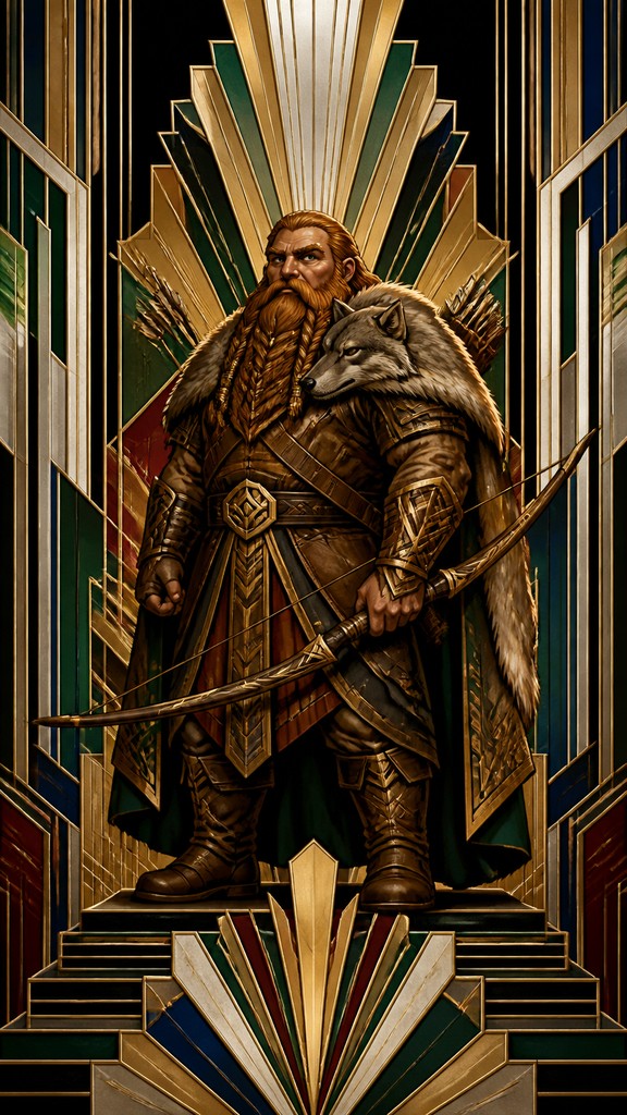 full-body original character: a dwarven ranger with a braided auburn beard, worn leather armor, a longbow and a wolf-pelt cloak, neutral background, no text — Art Deco Architecture Art tabletop character portrait