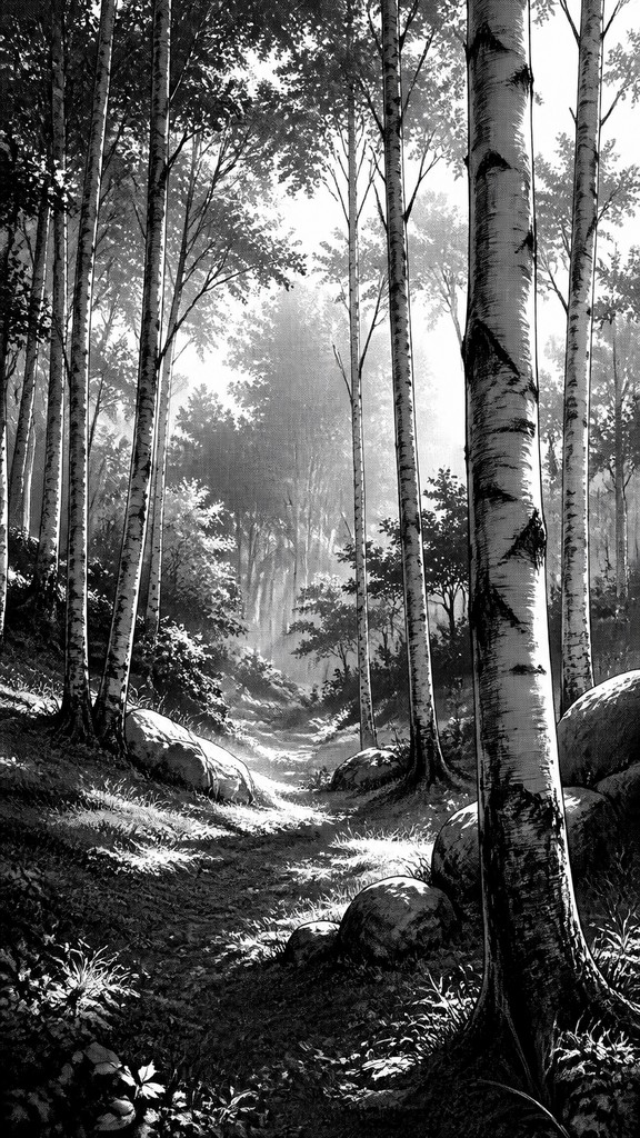 a serene birch forest in soft morning light, no people, no text — Seinen Mature Manga Art Style wall art print