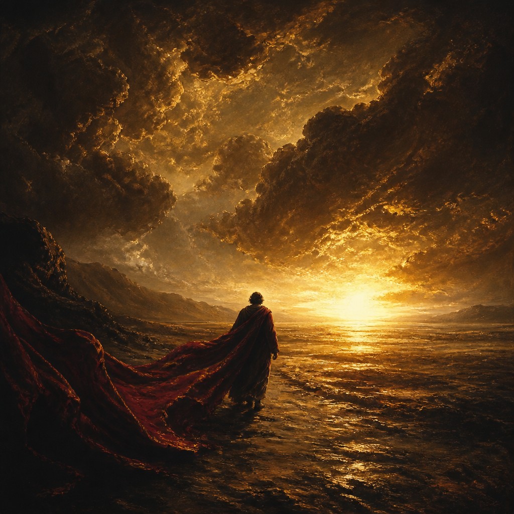 a solitary figure walking toward a glowing horizon across an empty plain, moody atmosphere, no text or lettering — Baroque Art Style album cover