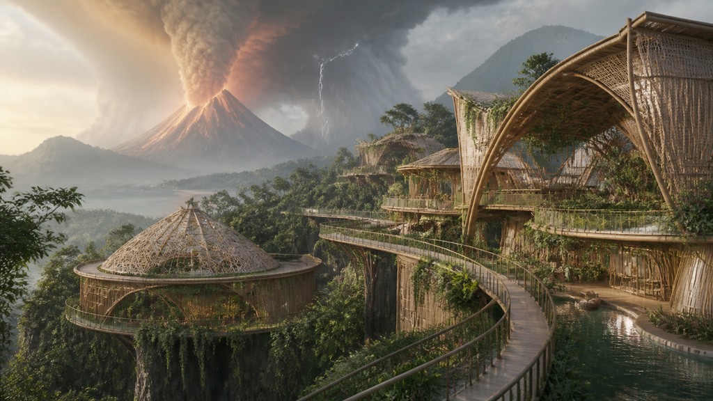 an erupting volcano with lightning strikes, dramatic wide composition, no text — Sustainable Architecture Art YouTube thumbnail