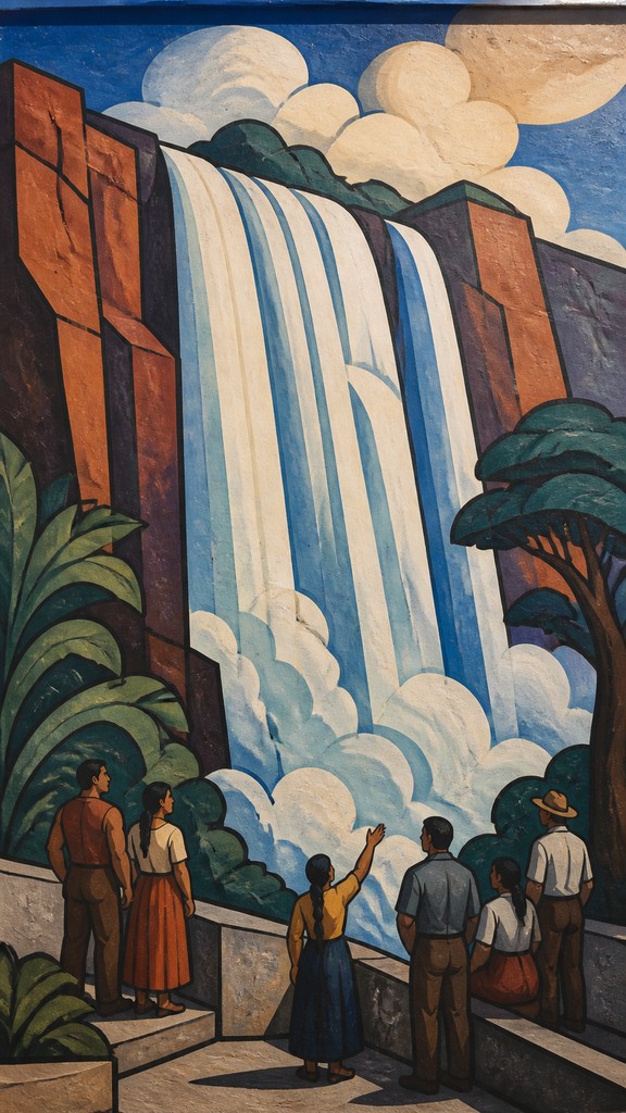 towering waterfall cascading down a cliff — Mural Painting Art Style