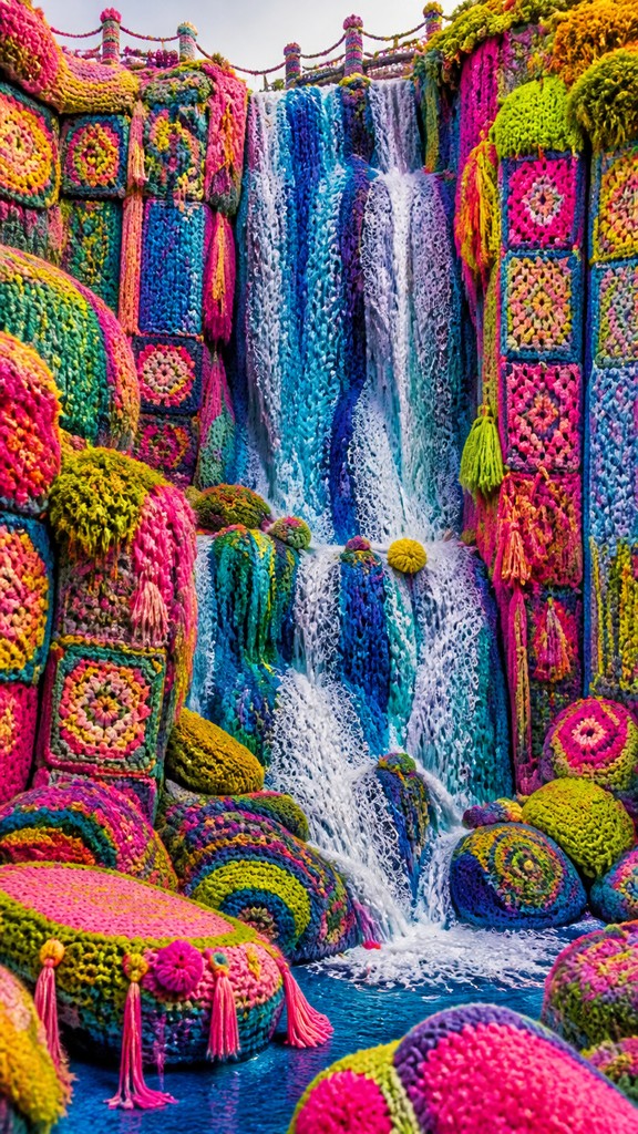 towering waterfall cascading down a cliff — Yarn Bombing Street Art Style