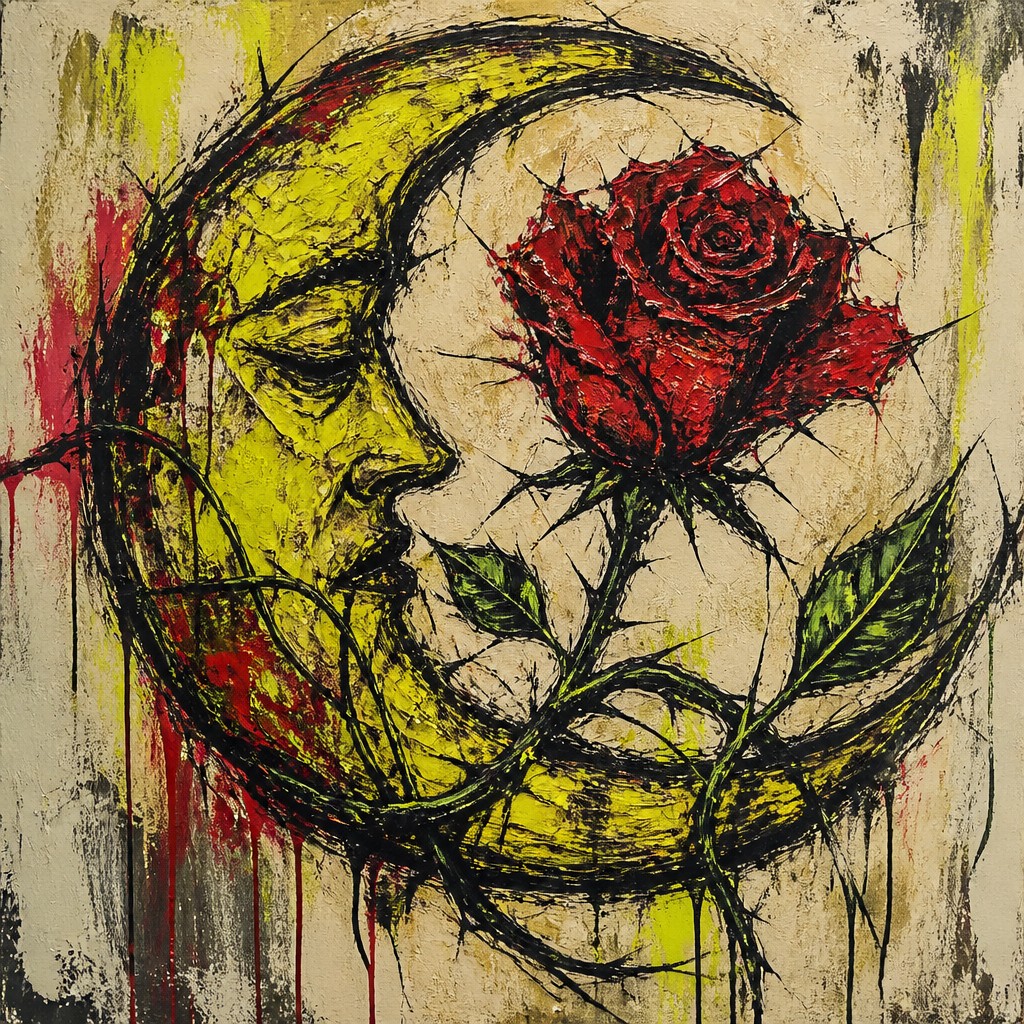 a rose entwined with a crescent moon, clean balanced composition on a plain background, no text — Neo-Expressionist Figurative Art Style tattoo design
