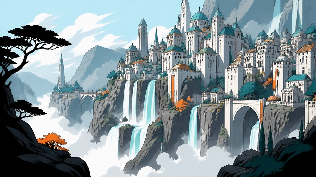 a cliffside city with waterfalls cascading into a misty canyon, wide establishing shot, no people, no text — Webcomic Art concept art