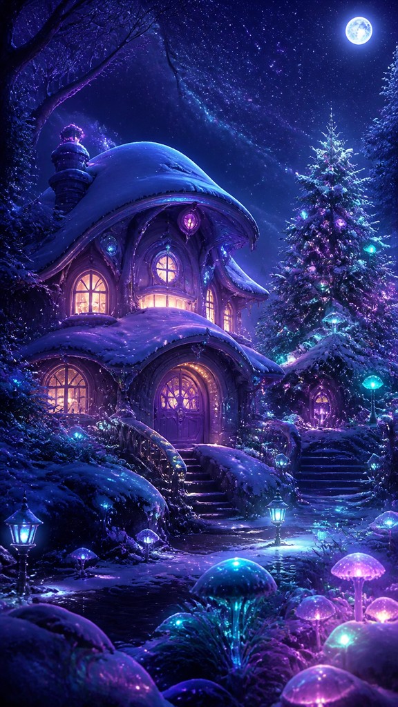 a snow-covered cottage with warm glowing windows beside a decorated pine tree, gentle snowfall, no text — Lunarpunk Aesthetic Christmas card