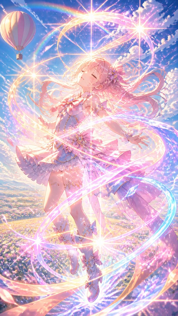 a hot air balloon drifting over rolling flower fields on a sunny day, cheerful, no text — Magical Girl Transformation Sequence greeting card