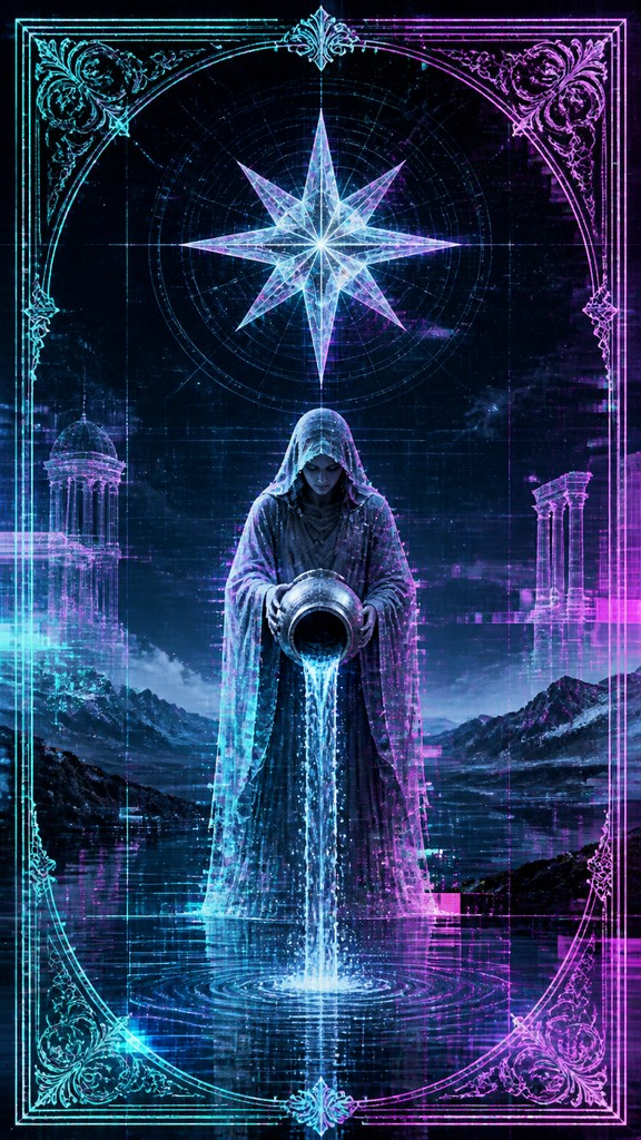 a robed figure pouring water beneath a large eight-pointed star in a night sky, symmetrical composition with an ornate decorative border, no text — Augmented Reality Contemporary Art Style tarot card