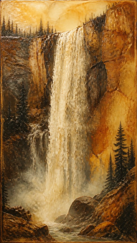 towering waterfall cascading down a cliff — Encaustic Wax Painting Style
