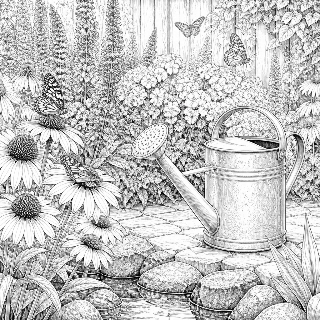 a garden scene with butterflies, flowers and a watering can, clean uncolored line art, no text — Hyperrealism Art Style coloring page