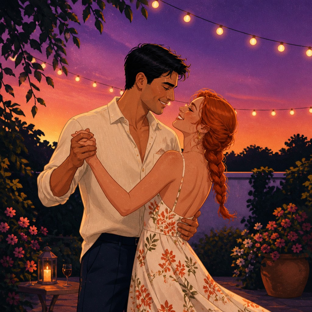 an original couple dancing under string lights in a garden at dusk: a man with short black hair in a linen shirt and a woman with braided red hair in a summer dress — Digital Illustration Portrait Style couple portrait