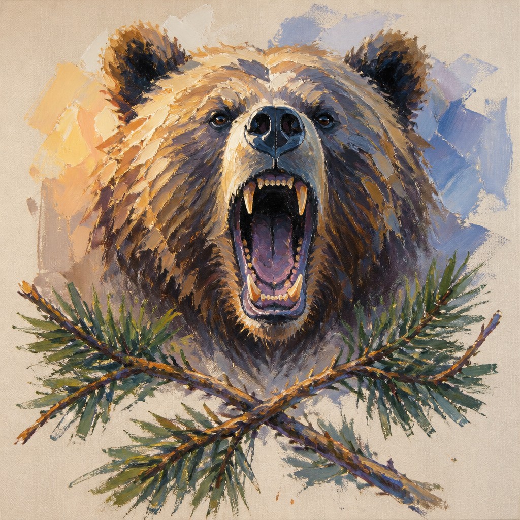 a roaring bear head above crossed pine branches, bold graphic composition on a plain background, no text — Plein Air Landscape Art Style t-shirt design