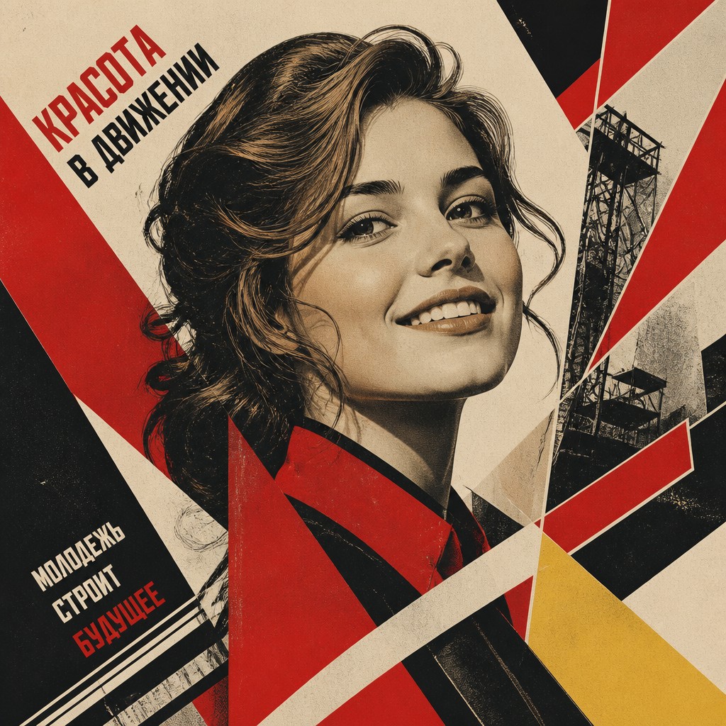 head-and-shoulders portrait of an original character: a young woman with wavy chestnut hair and a warm smile, plain soft backdrop — Constructivism Art Style profile picture